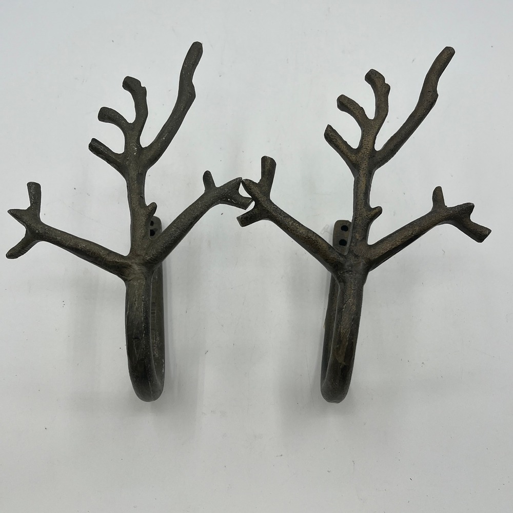 Rustic Cast Iron Tree Branch Wall Hooks Set of 2 Dark Bronze Antler Style Lodge